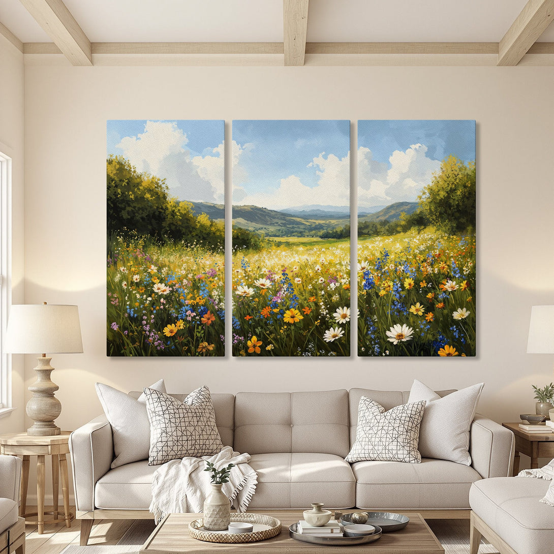 Canvas Print of a vibrant wildflower meadow painting in a warm, inviting living room. Features a colorful palette of blues, yellows, and greens.