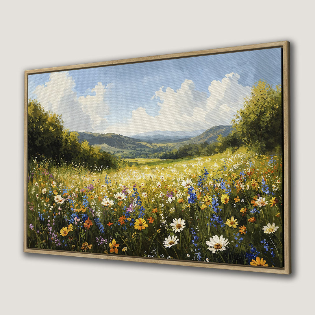 Canvas Print of a vibrant wildflower meadow painting. Colorful floral art with blue, yellow, and green hues. Perfect for home decor.