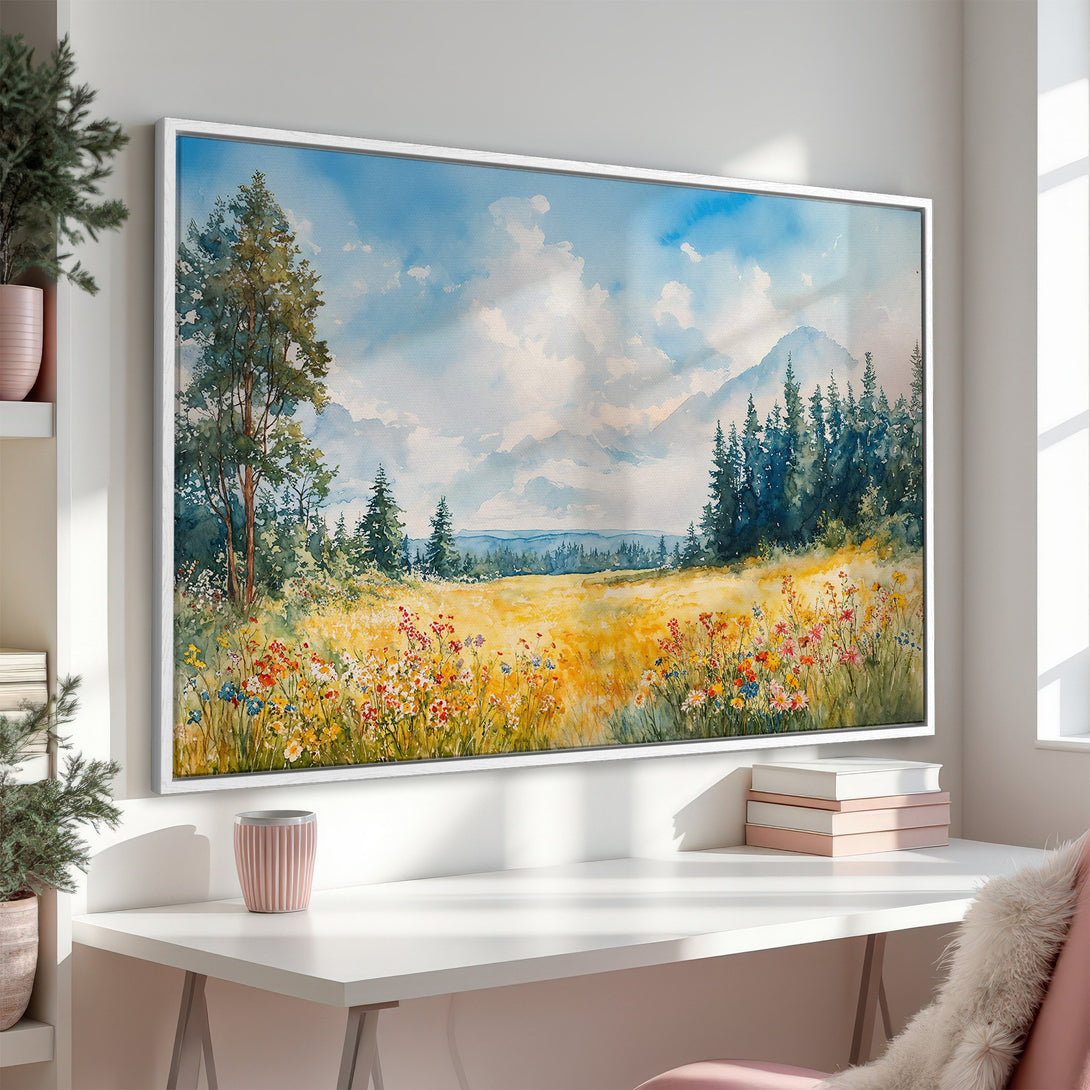 Framed Wall Art: Watercolor landscape Canvas Print with a vibrant meadow scene in yellow, blue, and green tones. Perfect home decor!