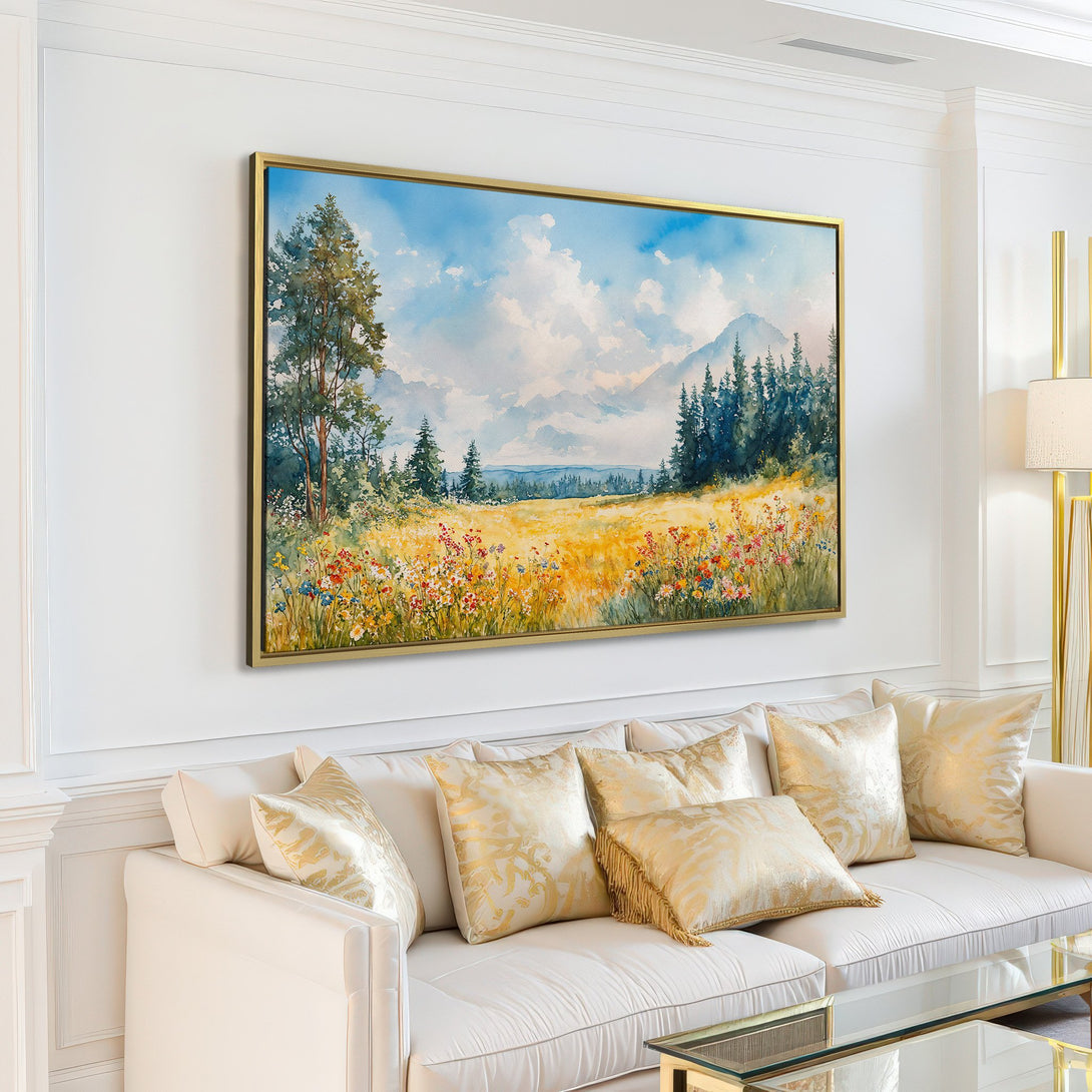 Canvas Print of a watercolor landscape painting. Features a field of wildflowers in yellow and blue hues, perfect for home decor.