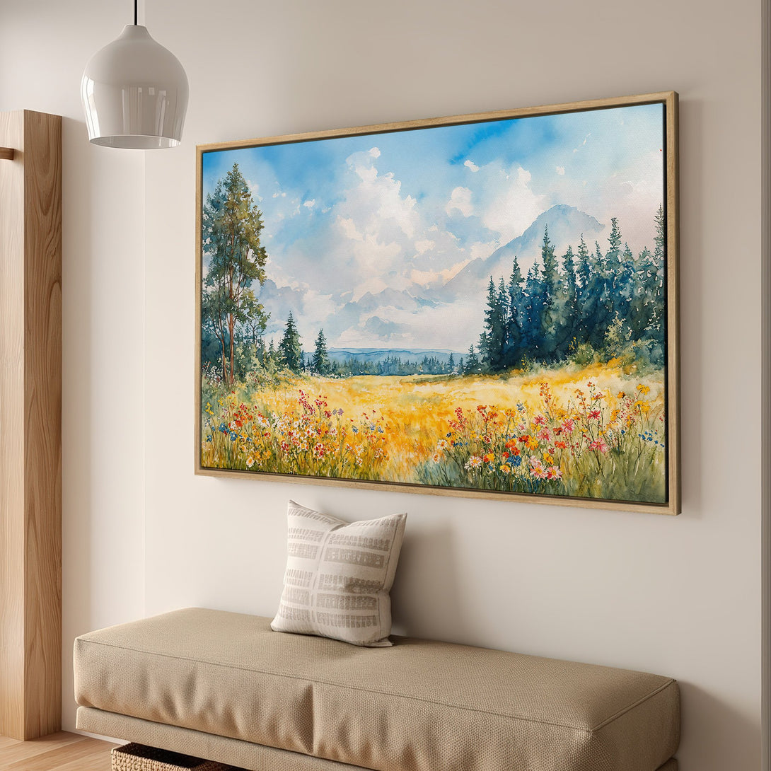 Framed Wall Art: Watercolor landscape Canvas Print with vibrant wildflowers, blue sky, and mountain scene. Adds a touch of nature and color to any space.