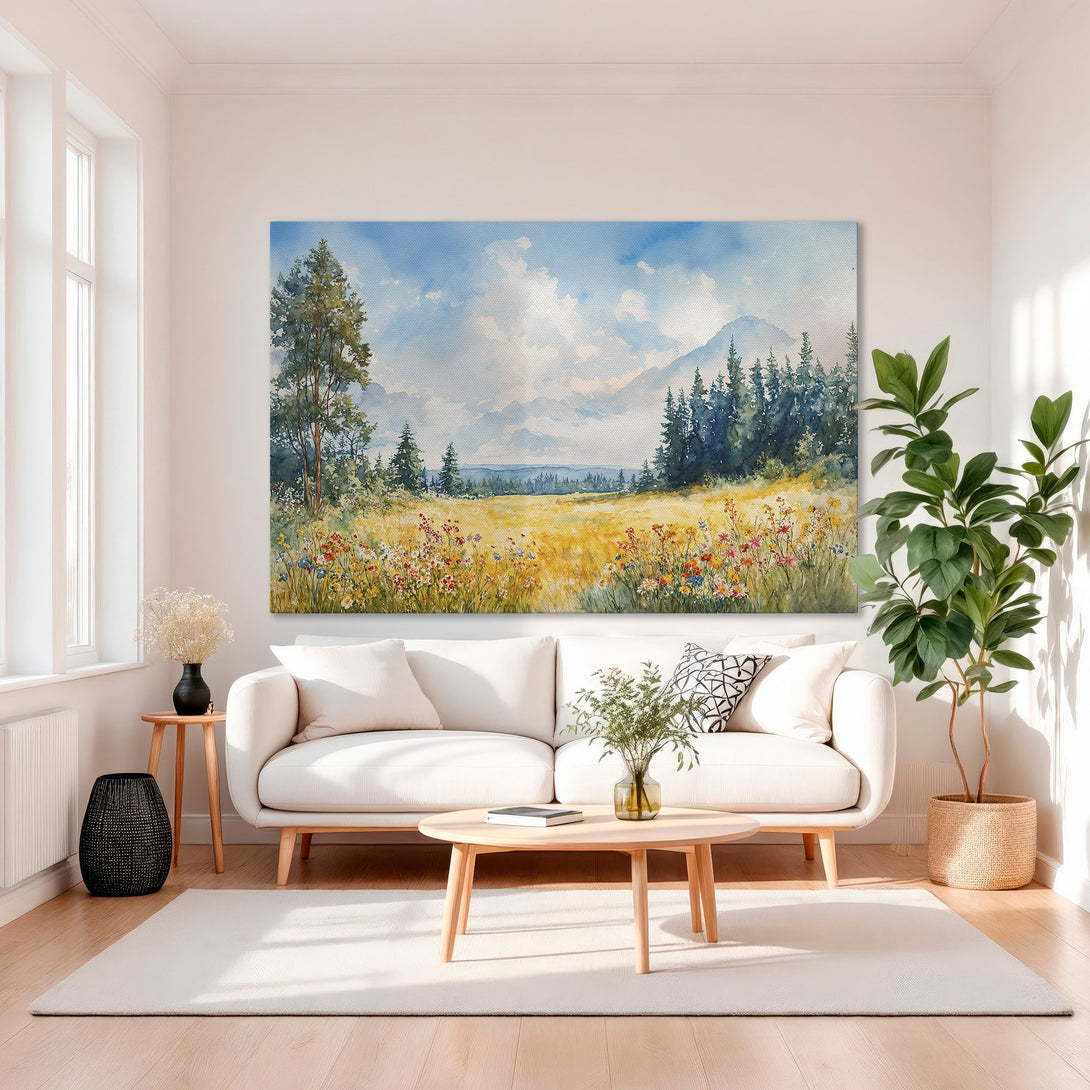 Framed Wall Art: Watercolor landscape Canvas Print with a golden frame. Features a vibrant field, blue sky, and mountain scene with a warm, inviting color palette.