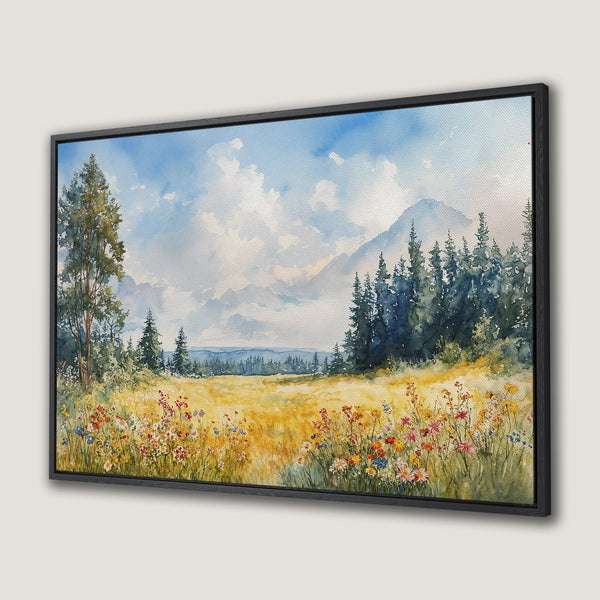 Framed Wall Art: Watercolor landscape of a field and mountains. Soft blues, greens, and yellows create a serene and inviting aesthetic. Perfect home decor.
