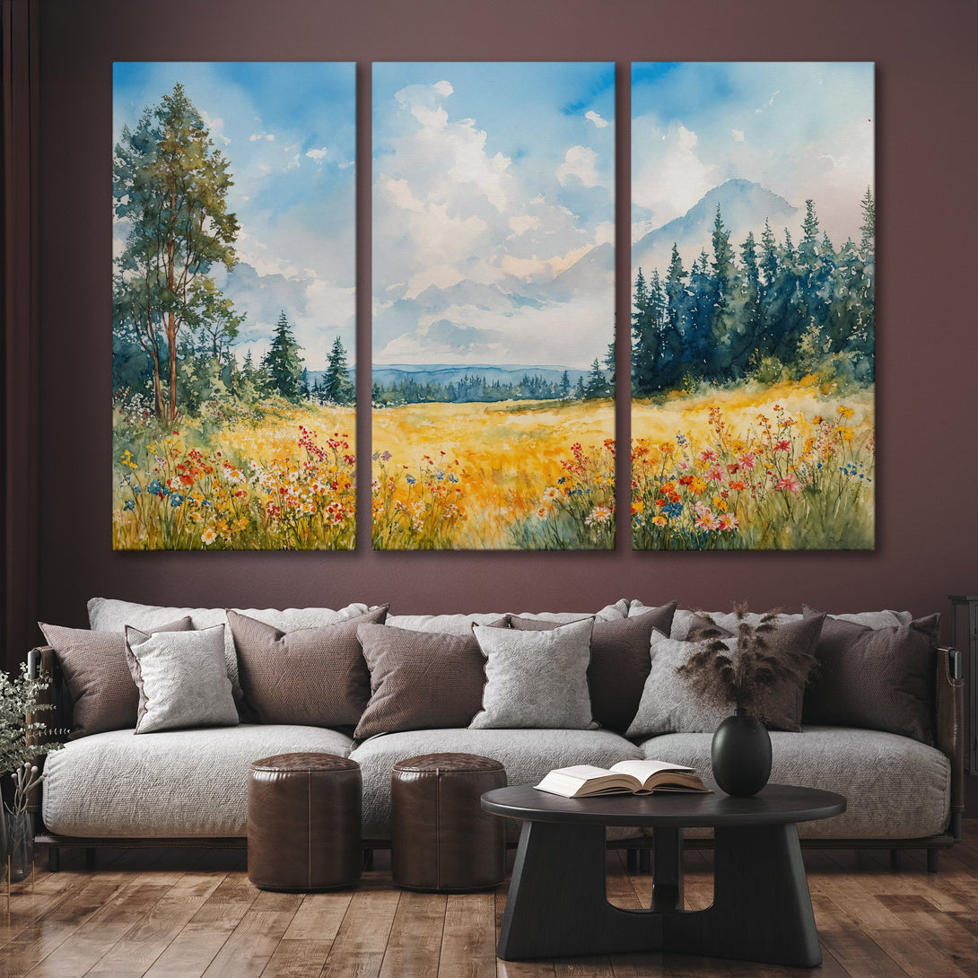 Canvas Print of a watercolor landscape with wildflowers, mountains, and a blue sky. Warm yellow, green, and blue color palette.