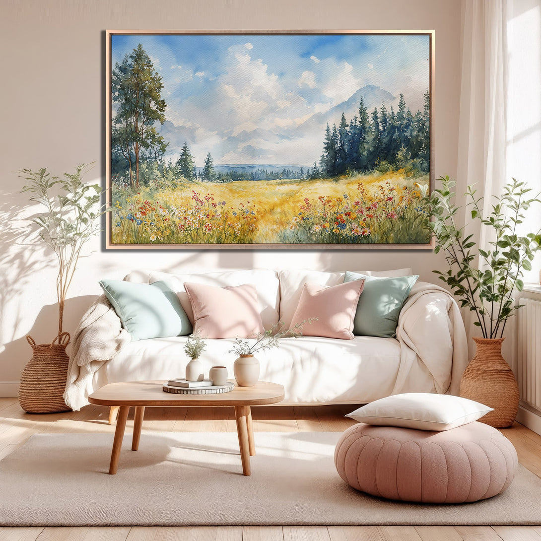 Framed Wall Art: Watercolor landscape Canvas Print with a vibrant yellow, blue, and green color palette. Perfect for adding a touch of nature to your home.