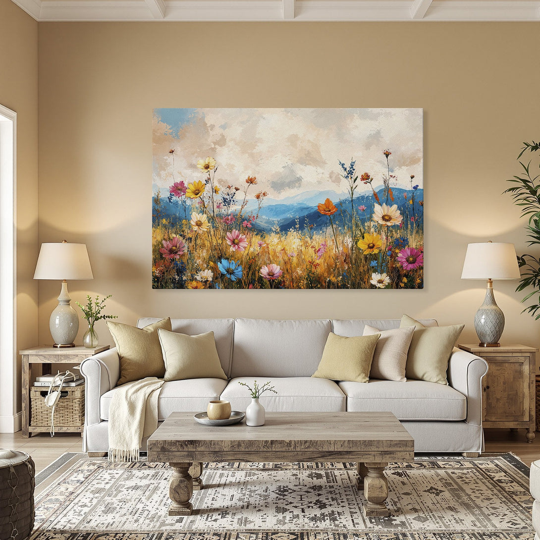Framed Wall Art: Vibrant floral canvas print in a warm interior. Features colorful wildflowers against a blue & gold landscape. Perfect home decor.