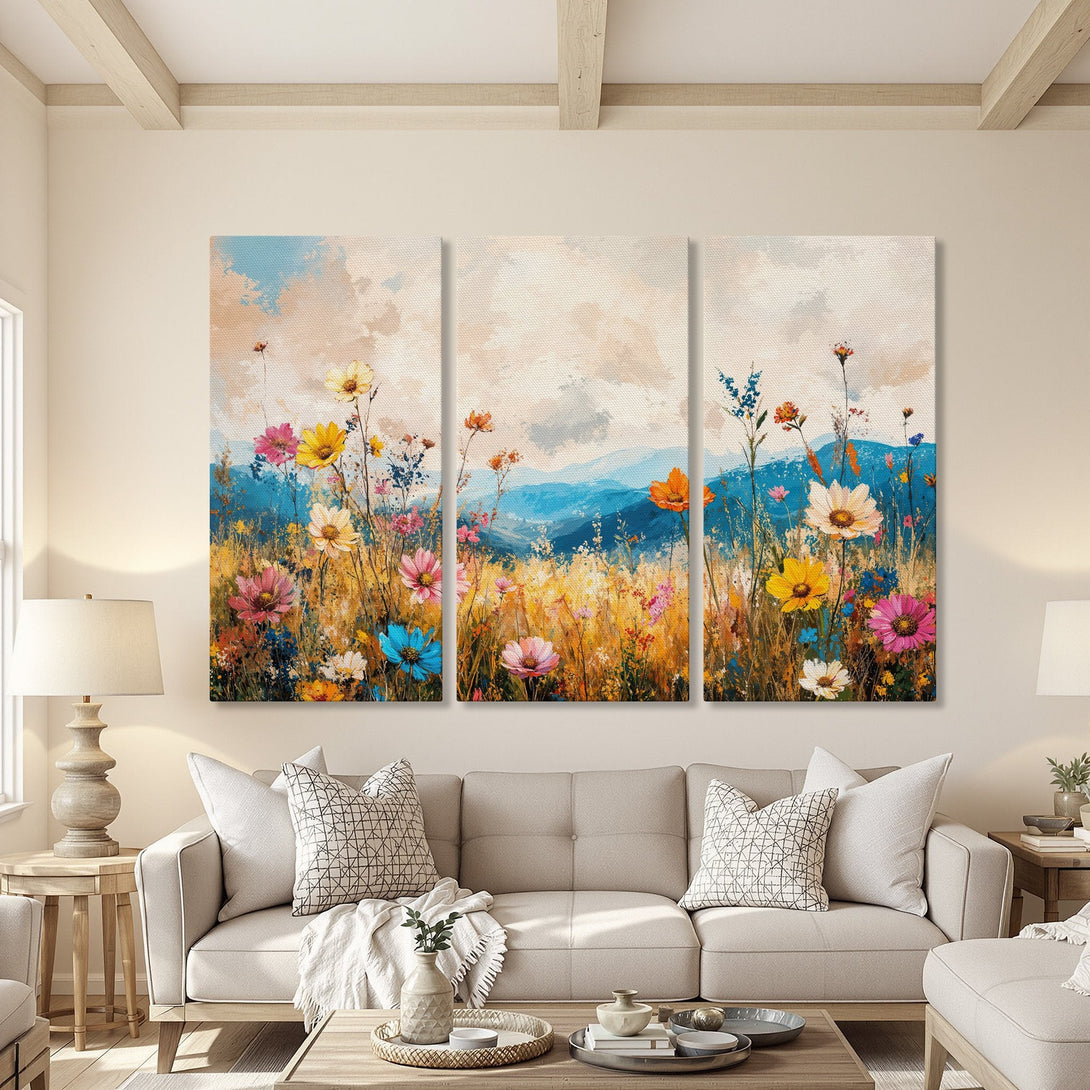 Canvas Print triptych of vibrant wildflowers in a colorful, impressionistic style. Beautiful wall art with a warm, inviting color palette.