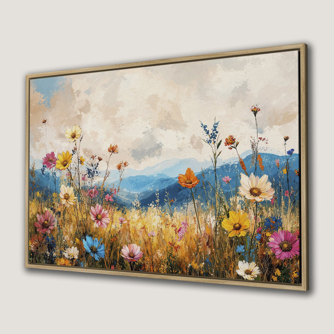Canvas Print of a vibrant wildflower meadow painting with a warm, colorful palette. Perfect framed wall art for a touch of nature.