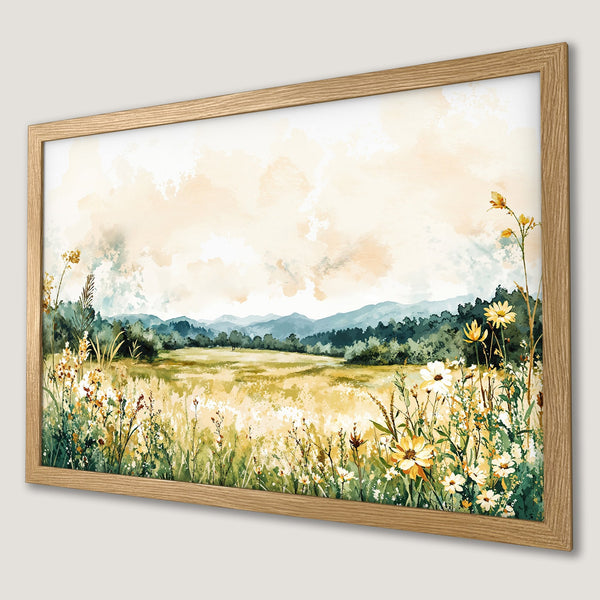 Framed Poster featuring a watercolor landscape of a field with wildflowers, mountains, and a warm, earthy color palette. Perfect wall art!