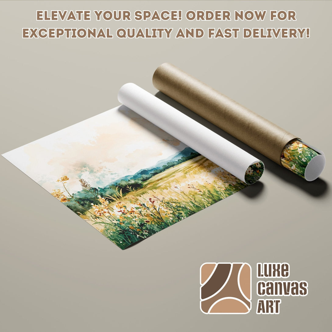 Poster Roll featuring watercolor landscape art, showcasing a serene, natural color palette.