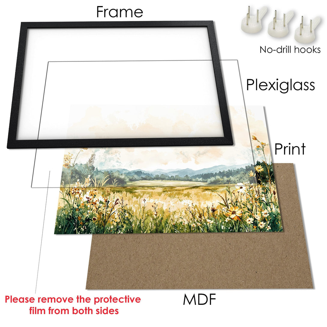 Framed Poster of a watercolor landscape painting. Soft, natural style with a green and yellow color palette. Perfect wall art!
