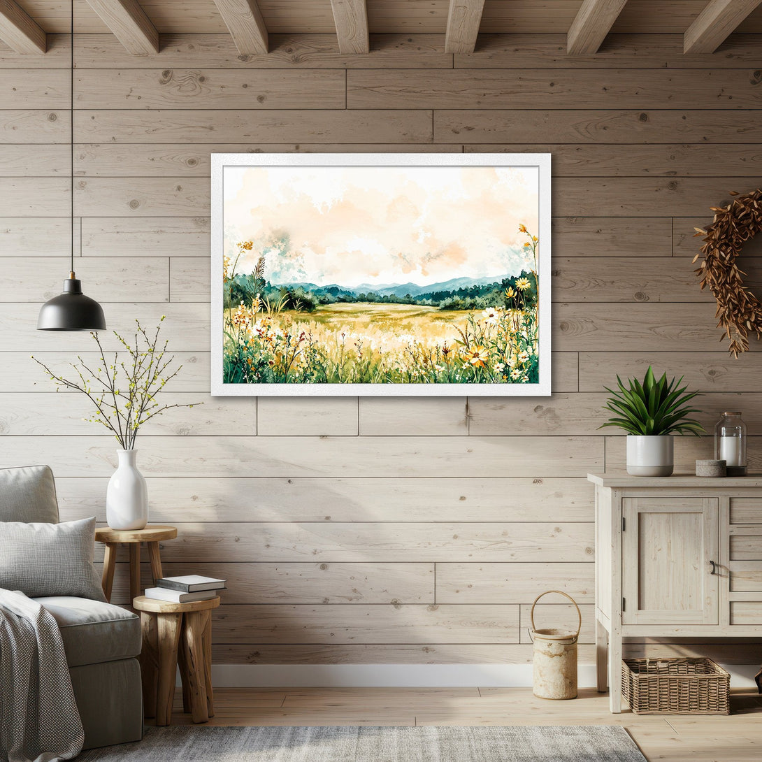 Framed Poster of a watercolor meadow landscape. Soft, dreamy style with a warm, natural color palette. Perfect wall art for your home.