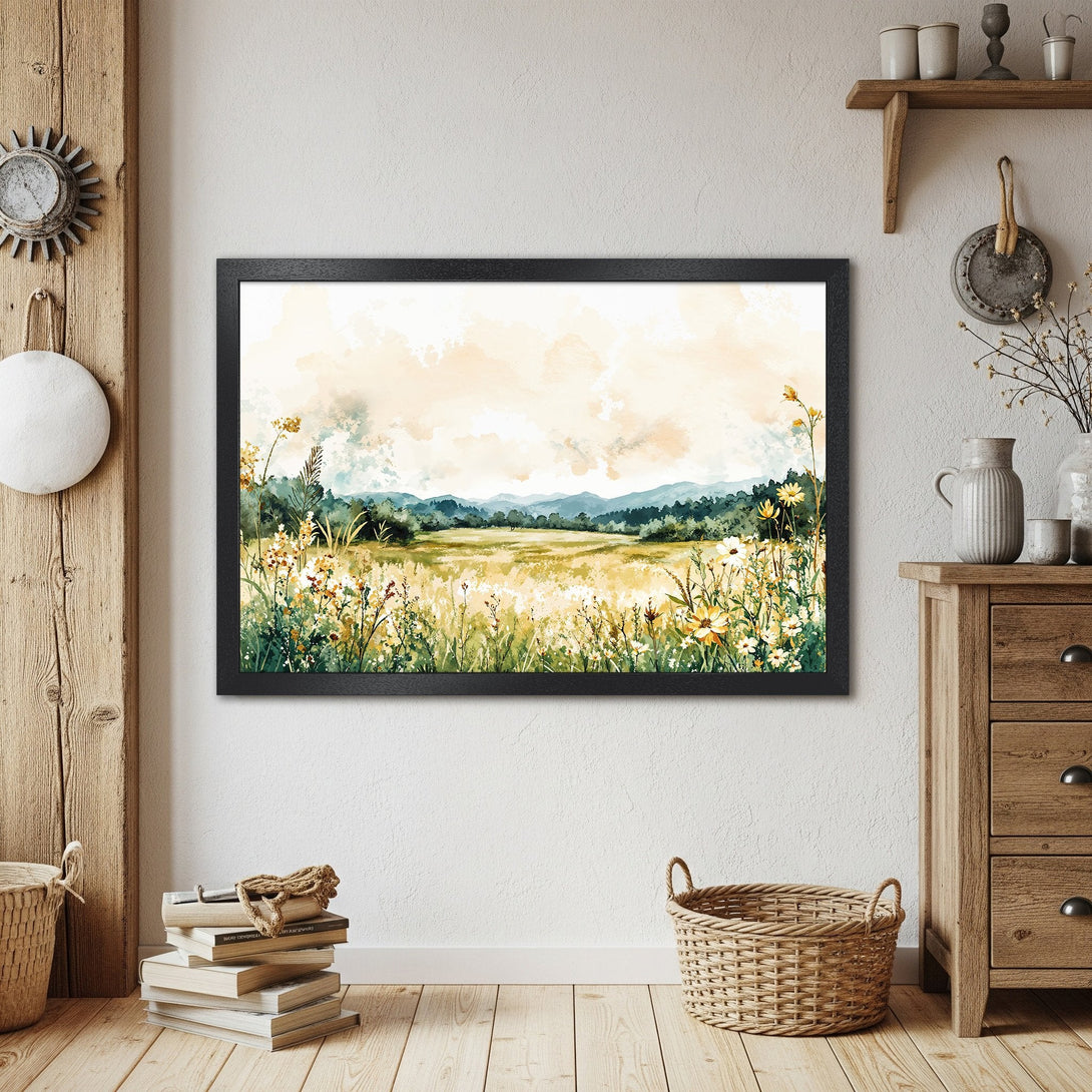 Framed Poster of a watercolor landscape. Soft, neutral color palette with greens, yellows, and blues. Perfect for adding a touch of nature to your home.