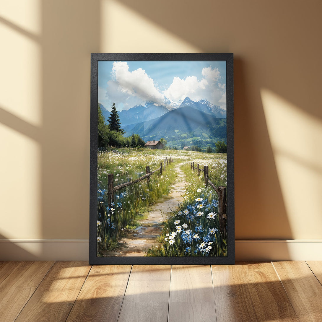 Framed Poster: Scenic landscape art print featuring a path through wildflowers, mountains, and blue sky. Calming color palette. Perfect wall decor.