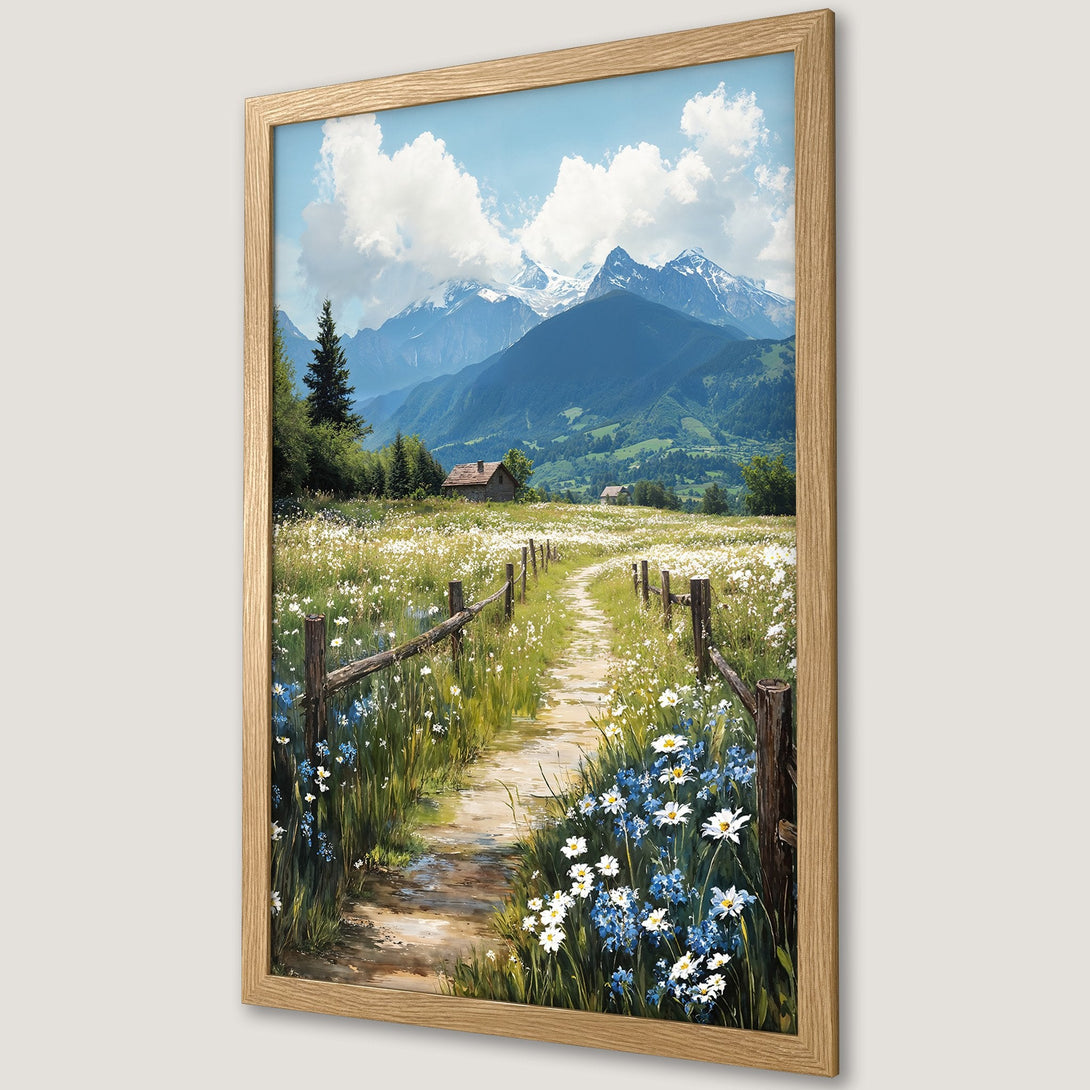 Framed Poster of a serene mountain landscape painting with a path through wildflowers. Features a nature-inspired style with a blue, green, and white color palette.