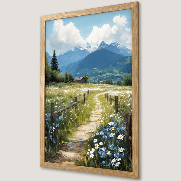 Framed Poster of a serene mountain landscape painting with a path through wildflowers. Features a nature-inspired style with a blue, green, and white color palette.