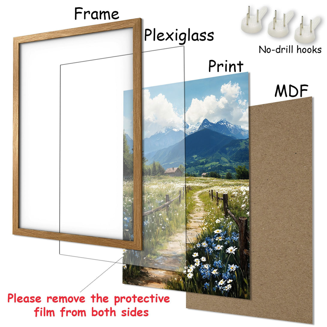 Framed Poster featuring a scenic landscape with mountains and flowers, in a natural color palette. Perfect wall art!