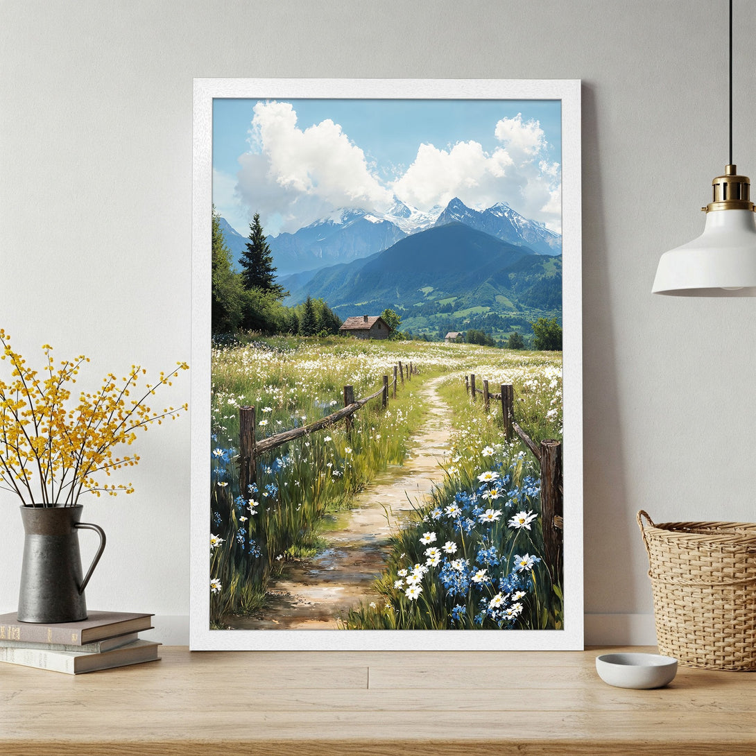 Framed Poster featuring a serene mountain landscape with a path, painted in a soft, impressionistic style with a cool, natural color palette.