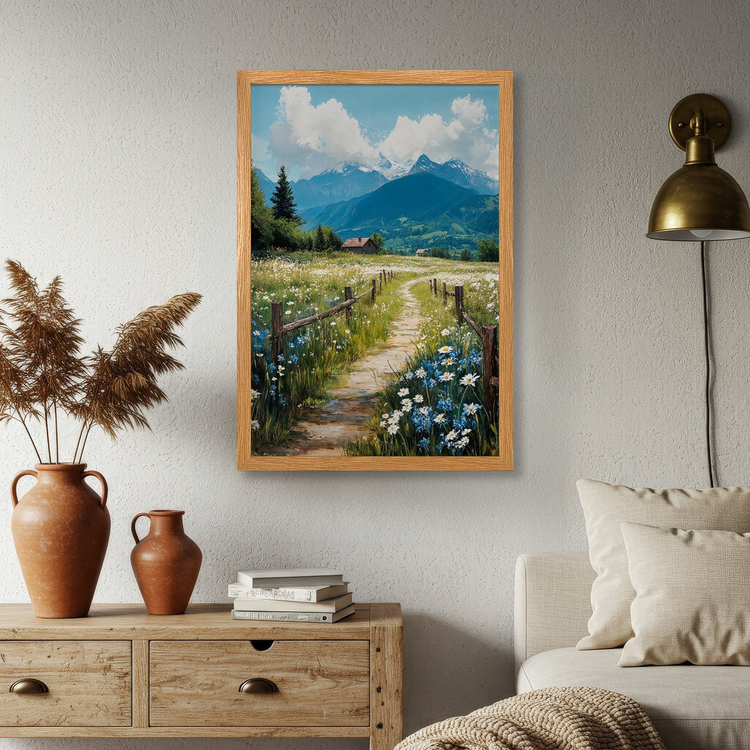 Framed Poster featuring a serene mountain landscape painting in soft blues, greens, and whites. Perfect wall art to bring nature indoors.