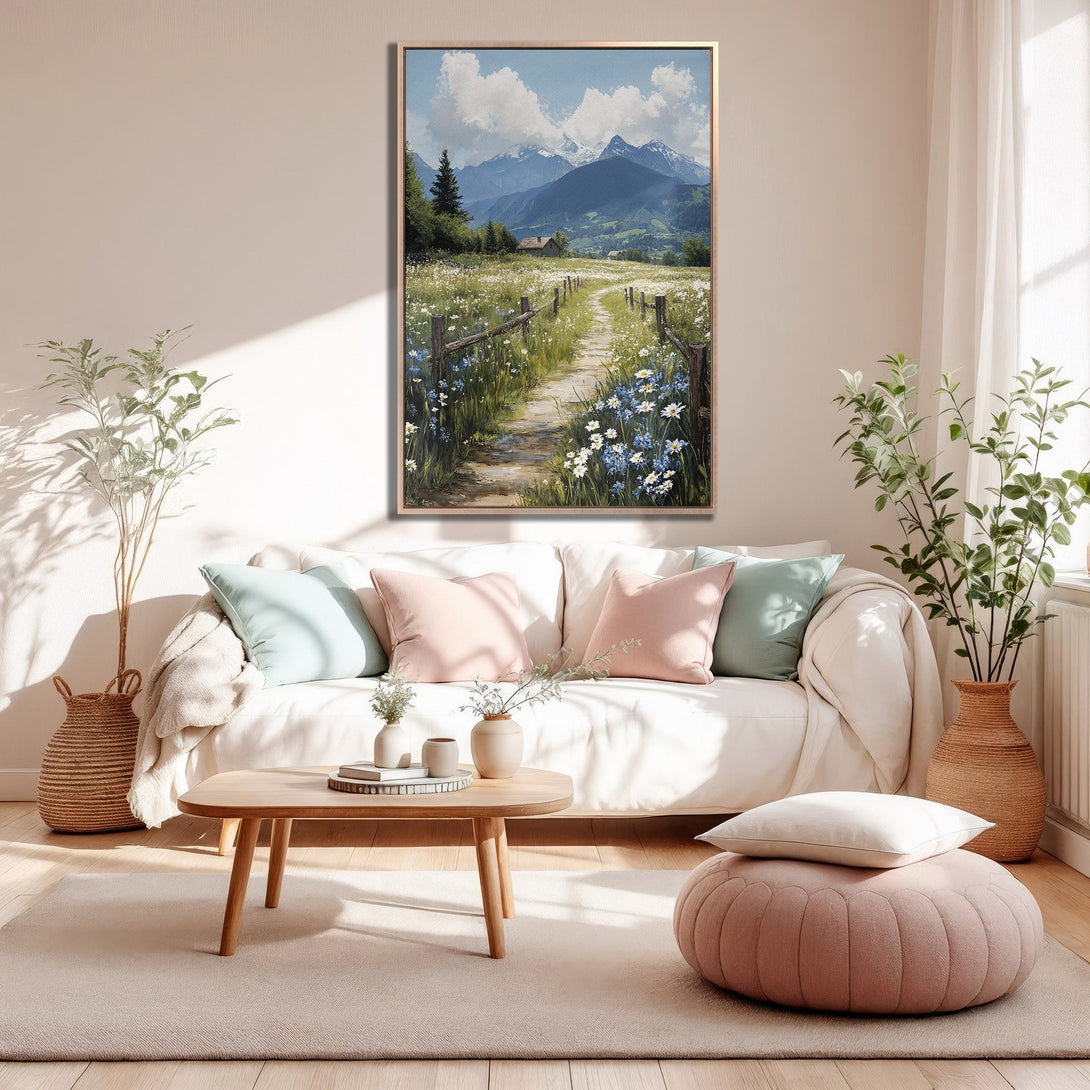 Framed Wall Art: Mountain landscape Canvas Print in soft blues, greens, and beige, perfect for adding a touch of nature to your living room.