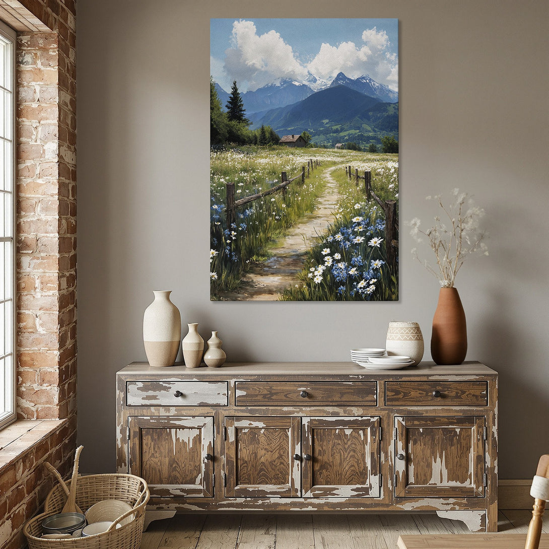 Framed Wall Art: Mountain landscape Canvas Print in a dining room. Features a nature scene with blue, green, and white hues. Perfect for adding tranquility to your home.