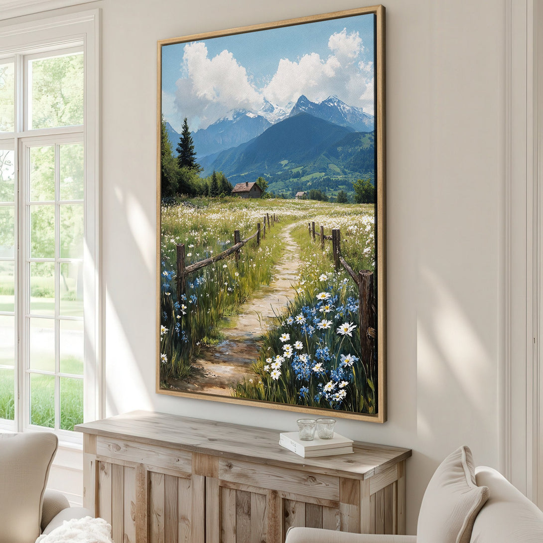 Framed Wall Art featuring a serene mountain landscape painting. Soft blues, greens, and whites create a calming effect. Perfect for adding natural beauty to your home decor.