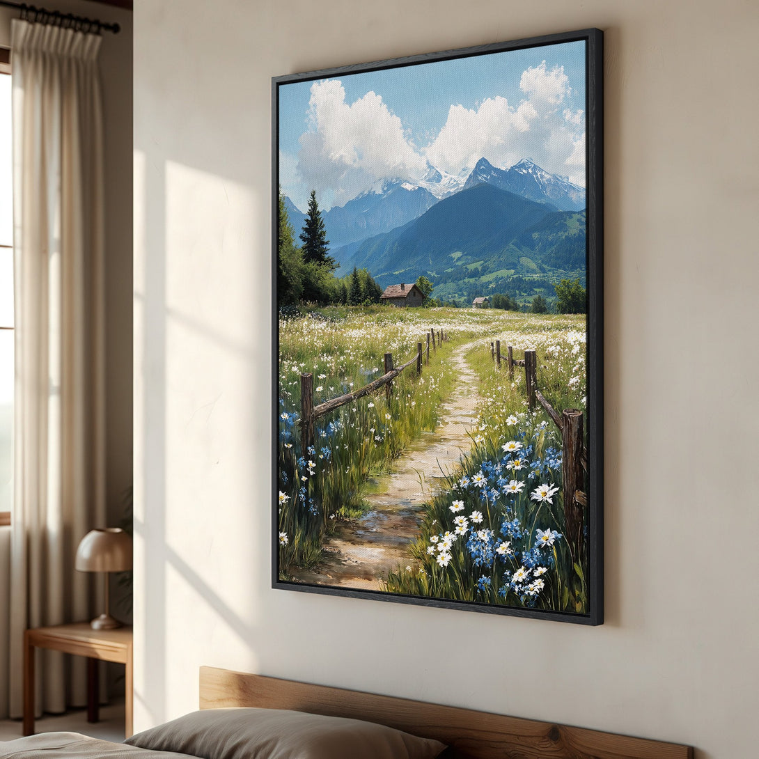 Framed Wall Art of a serene mountain landscape with a path through wildflowers. Beautiful blue, green, and white color palette. Perfect for adding a touch of nature.