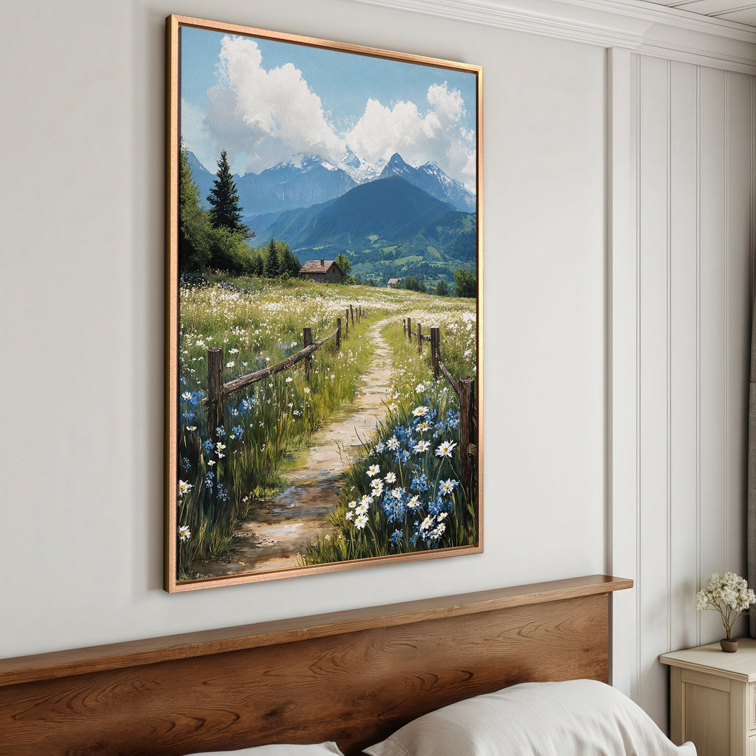 Framed Wall Art: Mountain landscape Canvas Print with a path through wildflowers. Serene art with blues, greens, and whites. Perfect for bedroom decor.