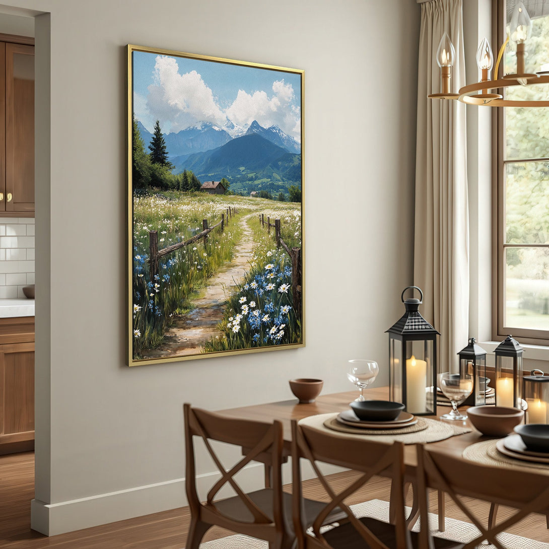 Canvas Print of a mountain landscape with a path, featuring a serene blue, green, and white color palette. Perfect for adding a touch of nature to your home.