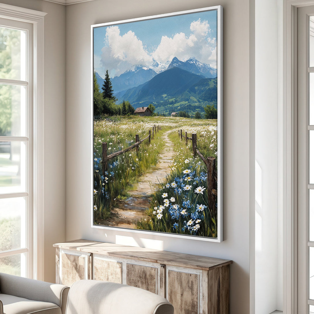 Framed Wall Art: Scenic landscape Canvas Print with a path through wildflowers, mountains, and a blue and green color palette. Perfect for any room!