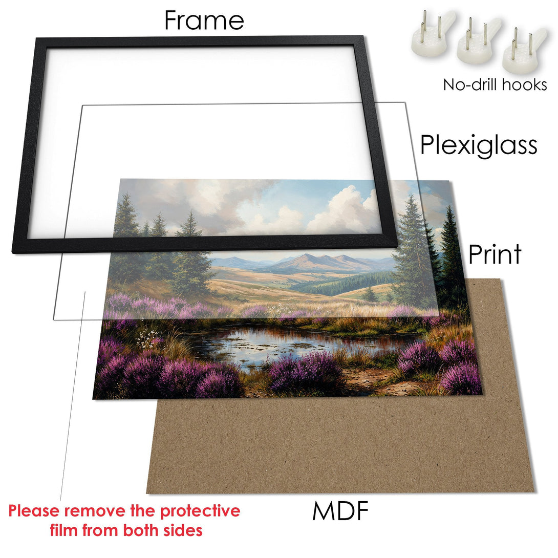 Framed Poster featuring a serene landscape painting with purple flowers, green trees, and a blue sky. Stunning art print in a black frame.