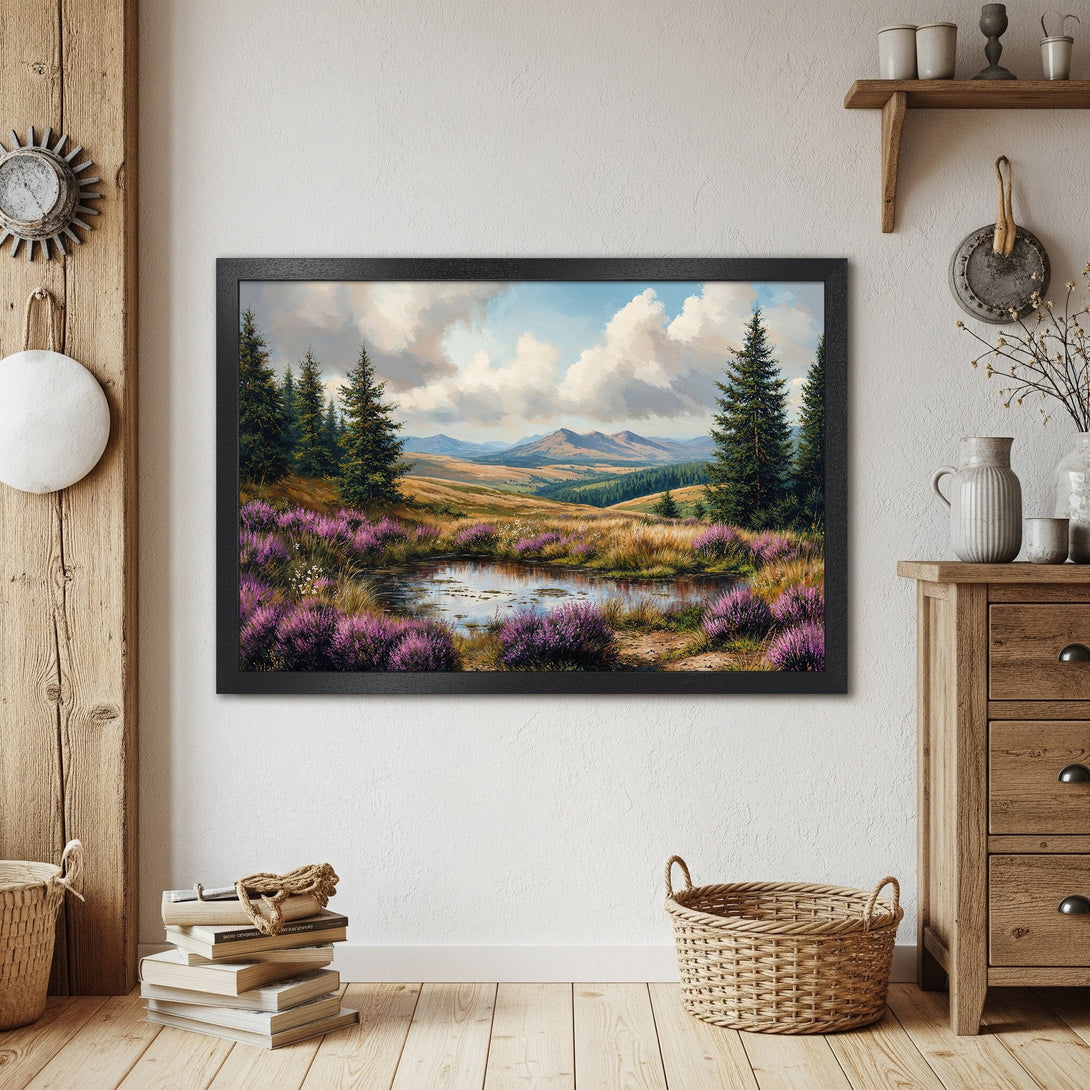 Framed Poster of a serene landscape painting with purple flowers, green trees, and a blue sky. Rustic style, warm color palette.