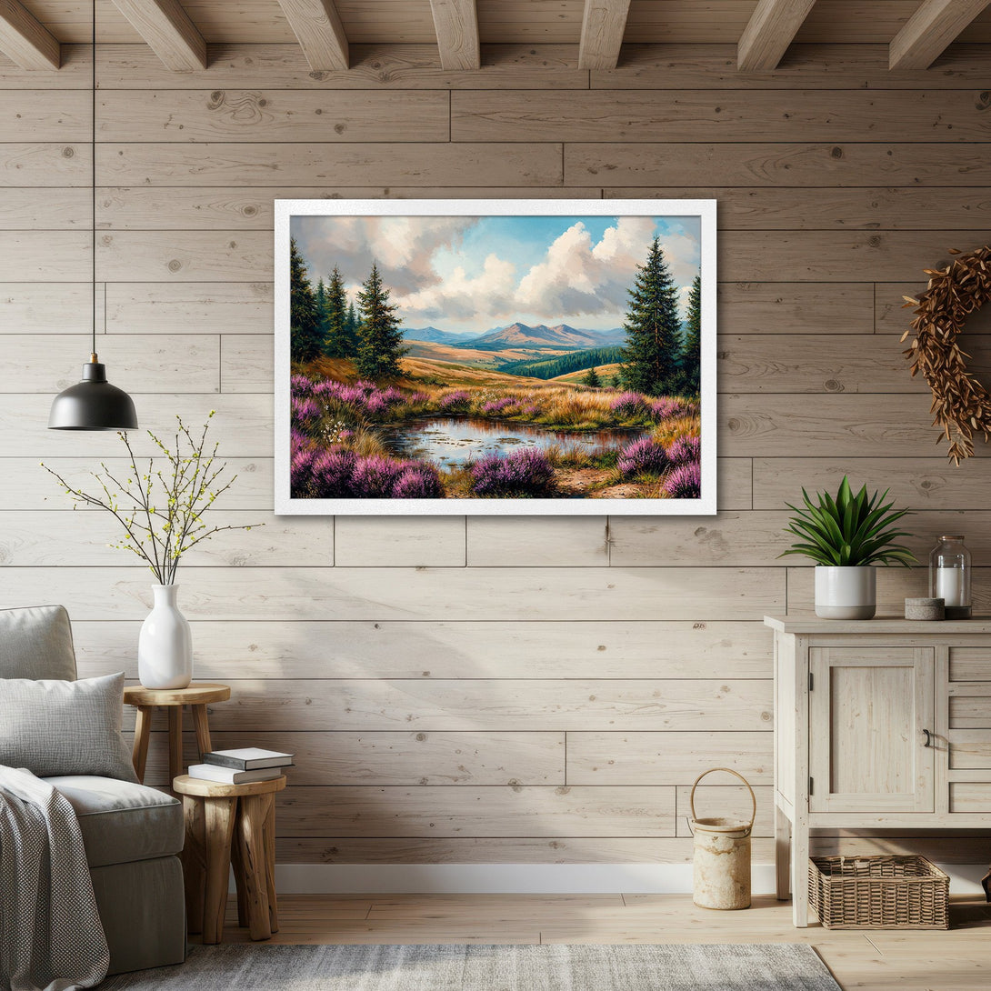 Framed Poster of a serene landscape painting. Featuring a pond, mountains, and vibrant purple flowers. Rustic style, warm color palette. Perfect home decor.