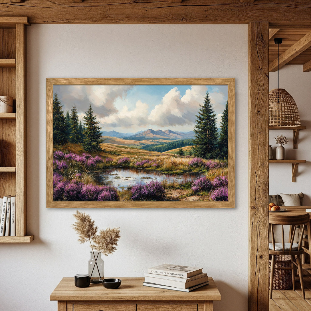 Framed Poster of a serene landscape painting in a rustic style with a natural color palette. Perfect wall art.