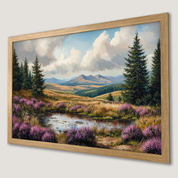 Framed Poster of a serene mountain landscape painting. Features a calming color palette of greens, blues, and purples. Perfect wall art!