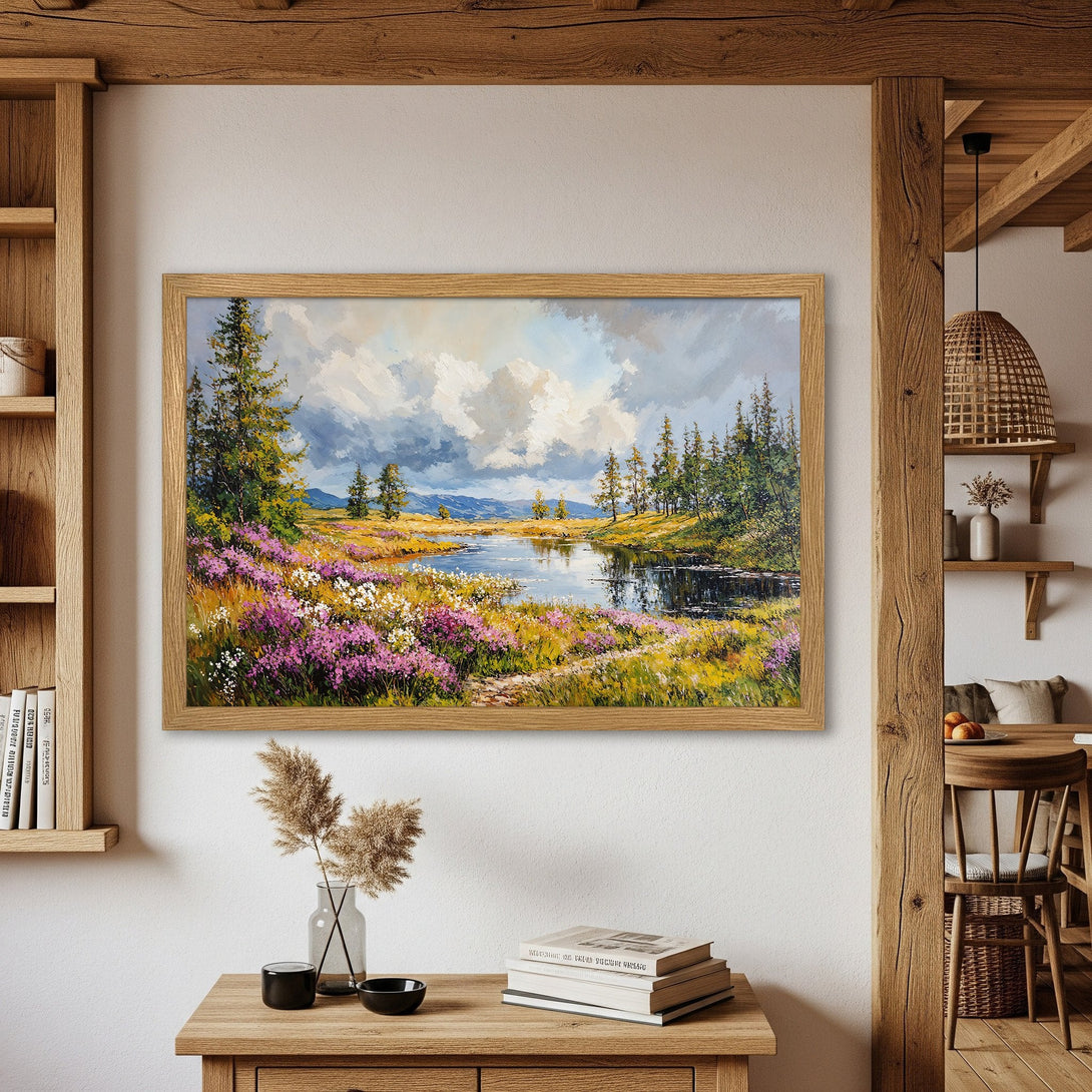 Framed Poster of a serene landscape painting. Impressionistic style with a vibrant palette of blues, greens, and purples. Perfect wall art!