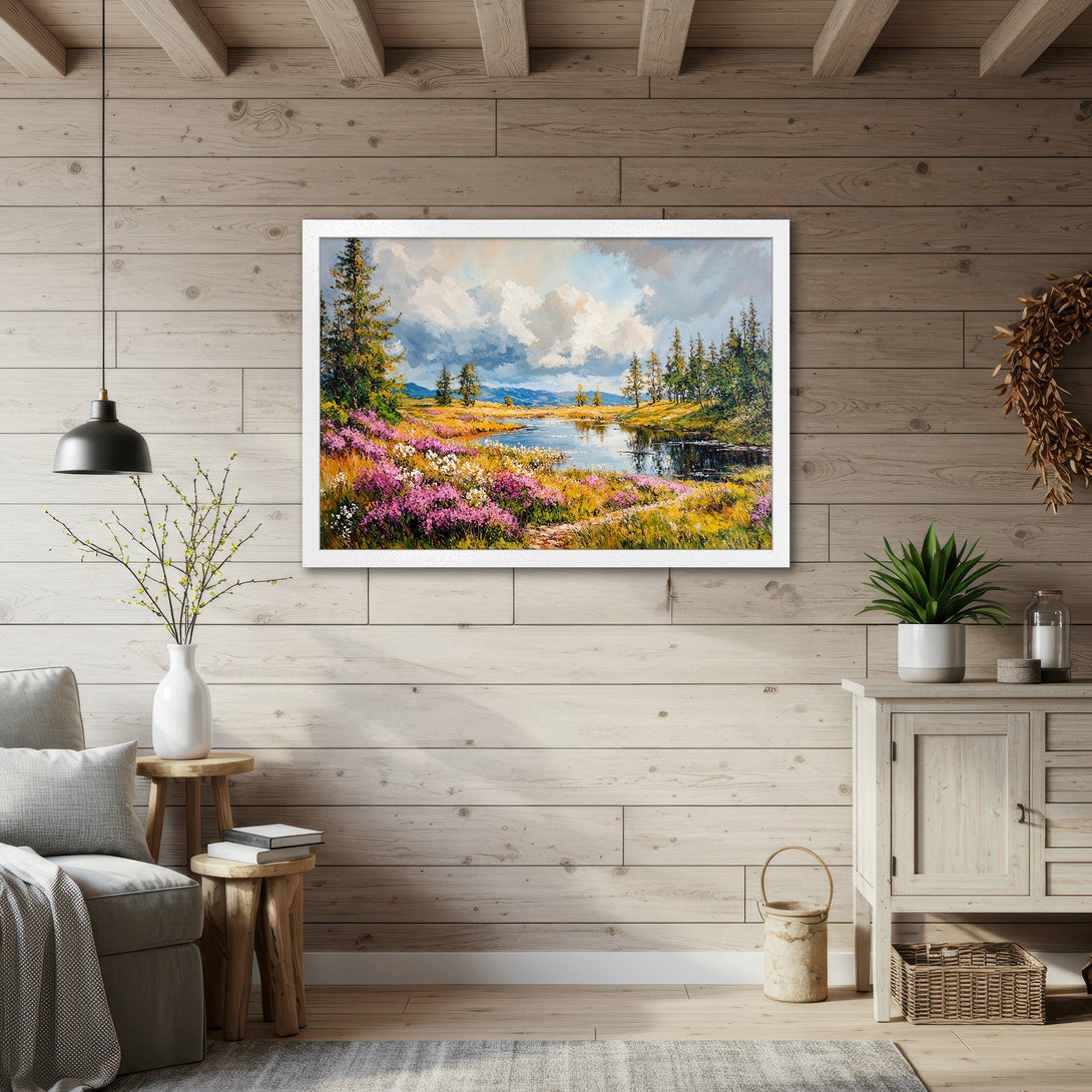Framed Poster of a serene landscape painting with a lake and flowers, in a warm, natural color palette. Perfect wall art for your home!