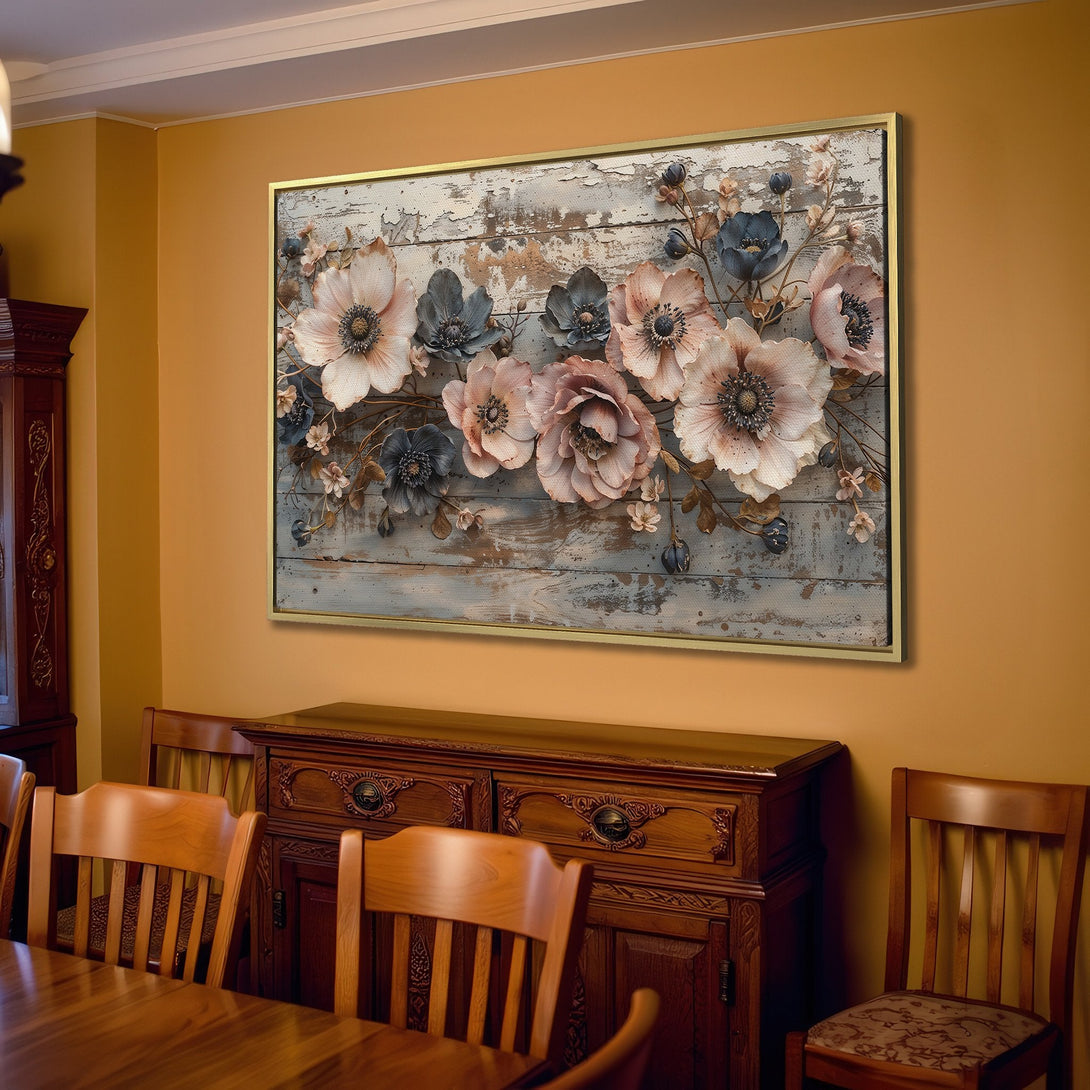 Canvas Print of floral artwork in a rustic style, featuring blush, blue, and neutral tones. Perfect wall decor for a cozy living room.