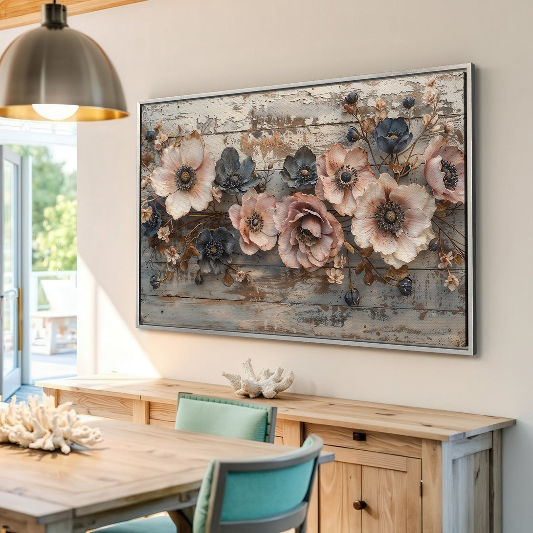Framed Wall Art: Rustic floral Canvas Print in muted pinks and blues. Adds a touch of elegance to any space. Perfect for farmhouse decor!