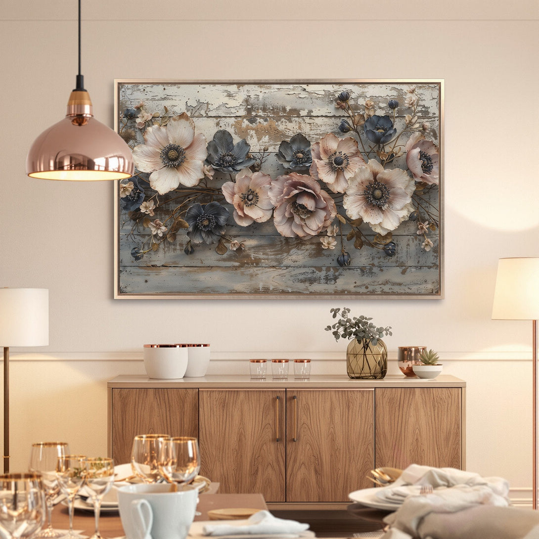 Framed Wall Art featuring floral design in neutral tones. Rustic style canvas print adds elegance to any room. Enhance your home decor today!