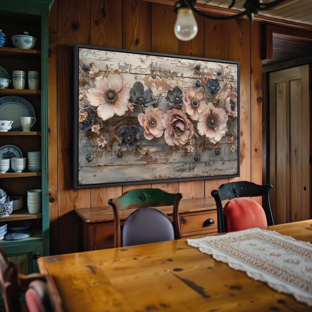 Framed Wall Art featuring elegant floral design in muted pinks and blues. Rustic style canvas print adds warmth to any interior.