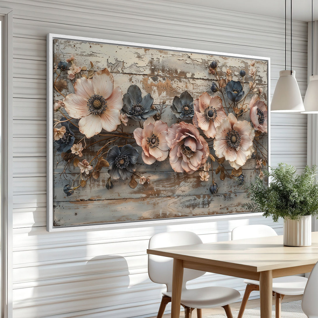 Framed Wall Art featuring elegant floral design in a rustic style. Soft pink, blue, and neutral tones create a calming aesthetic for any space.