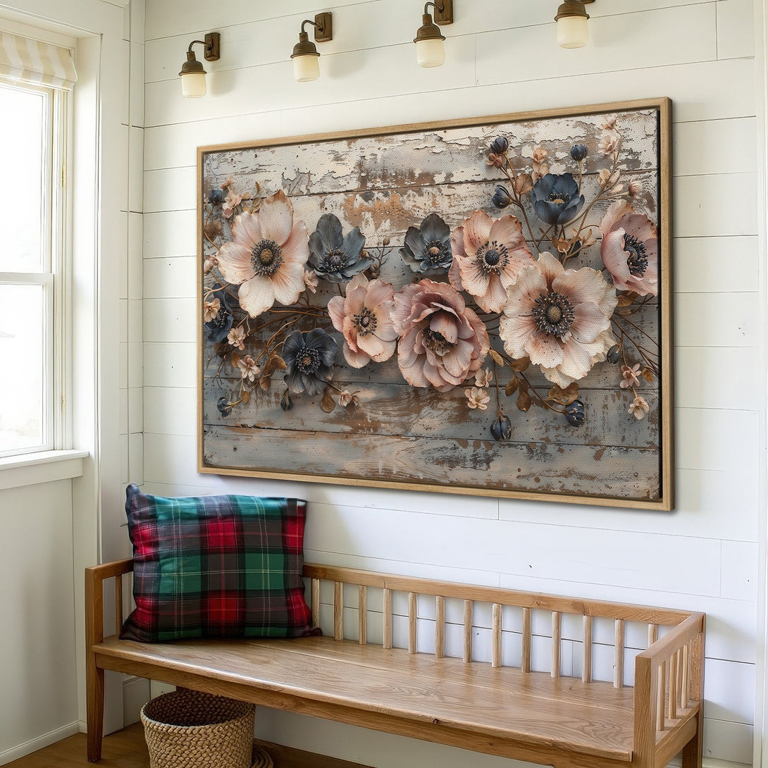 Framed Wall Art: Floral canvas print in a rustic farmhouse style. Features blush, gray, and neutral tones, adding a touch of nature to any space.