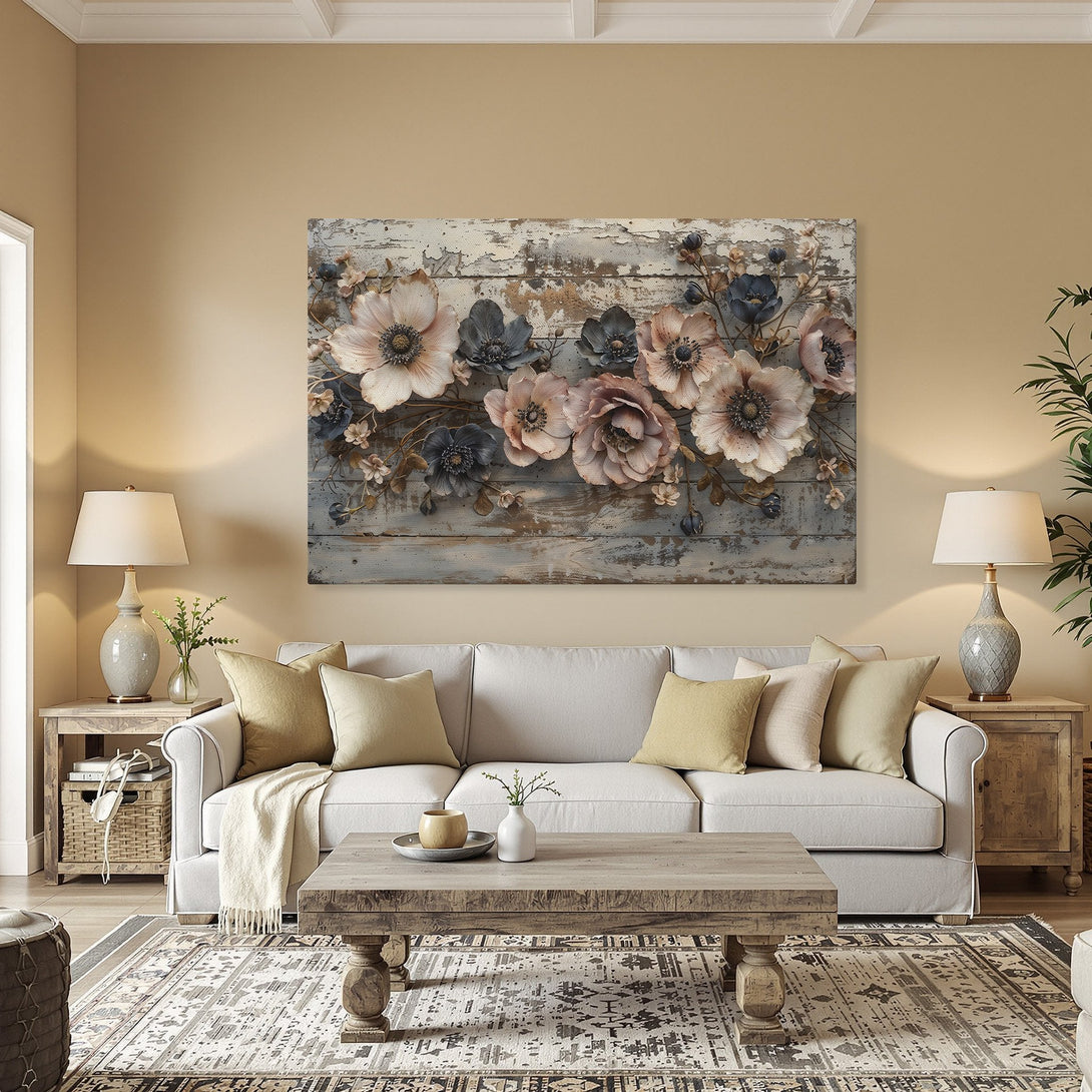 Framed Wall Art featuring floral design in soft pinks, blues, and neutrals. Rustic style Canvas Print adds elegance to any room.