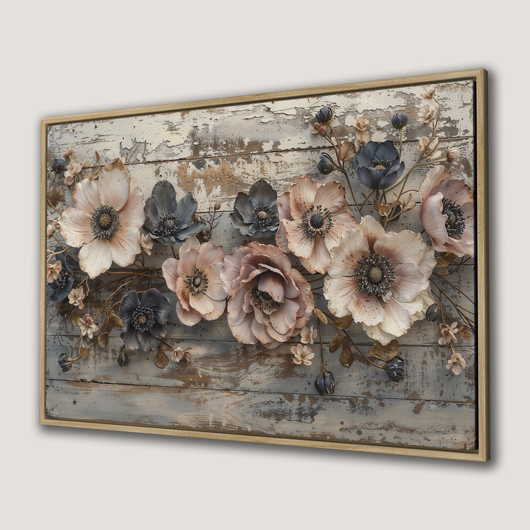 Framed Wall Art featuring elegant floral design in neutral tones. Rustic style Canvas Print with muted pinks, blues, and creams, perfect for home decor.