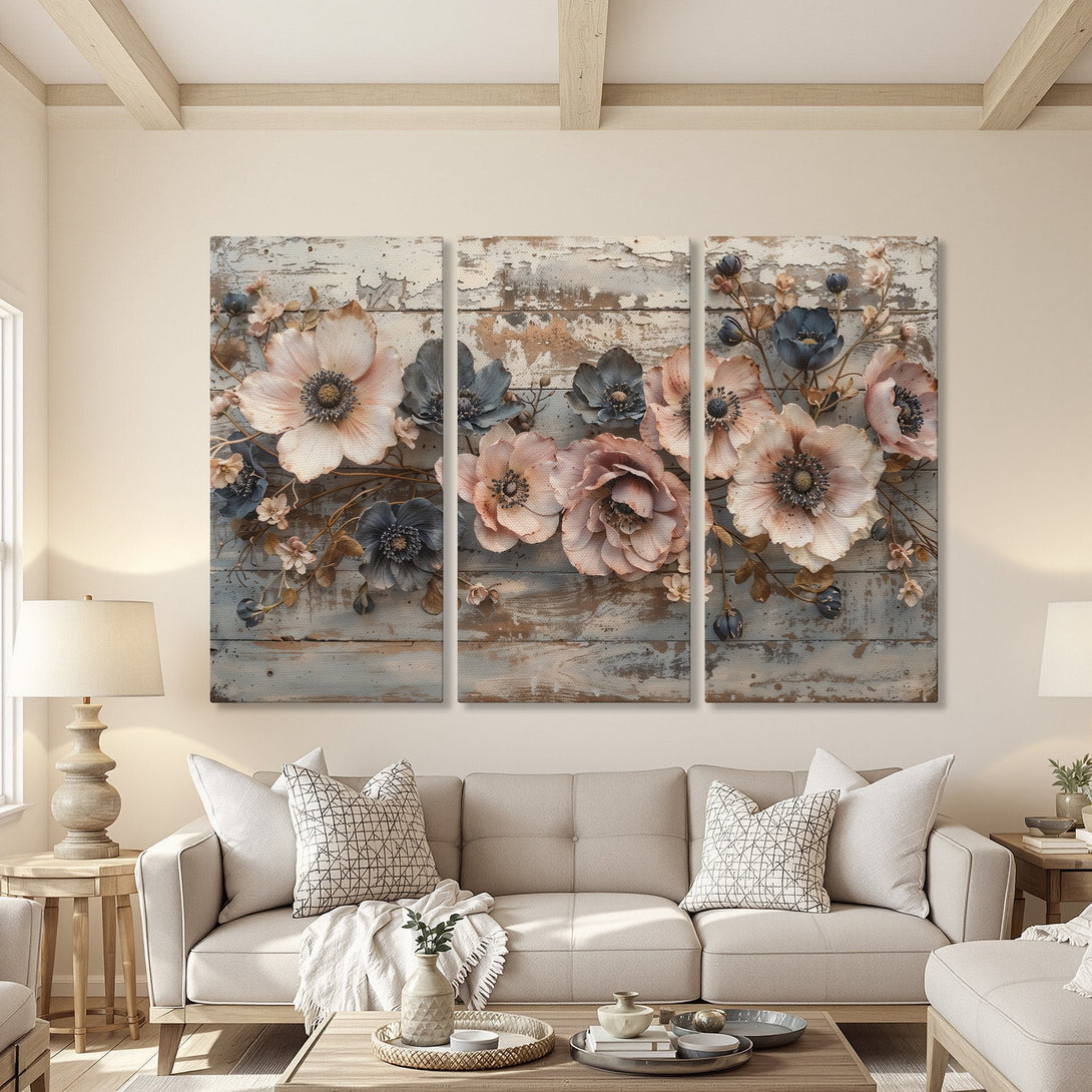 Canvas Print featuring floral art in a rustic style, with a soft neutral color palette of blush, blue, and cream. Perfect for home decor.