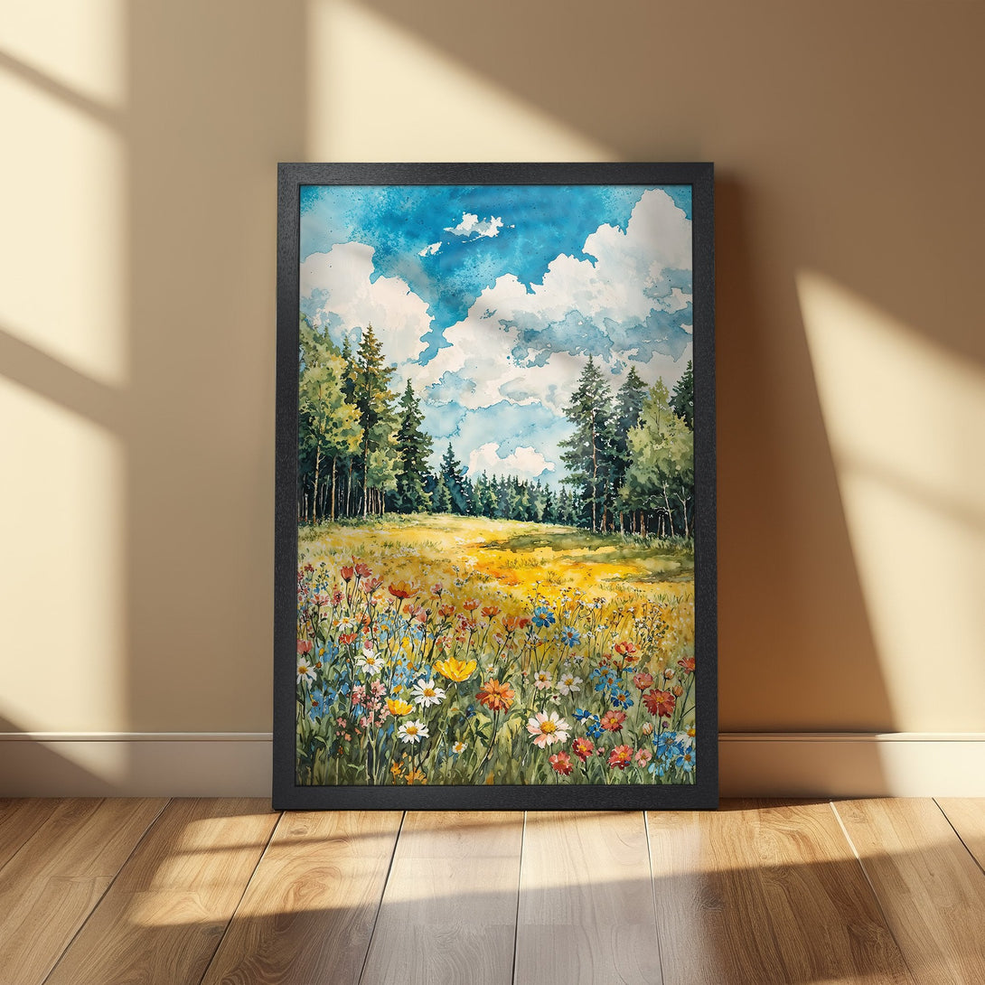 Framed Poster featuring a watercolor landscape with a vibrant meadow and blue sky. A beautiful art print with a natural color palette.