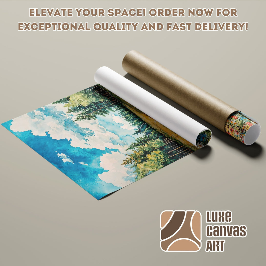 Watercolor landscape Poster Roll, vibrant blues and greens, artistic style. Elevate your space with this beautiful art print!
