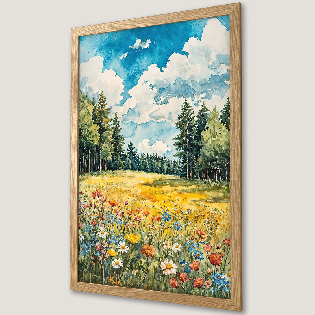 Framed Poster of a watercolor landscape with a field of wildflowers, blue sky, and trees. Vibrant colors.
