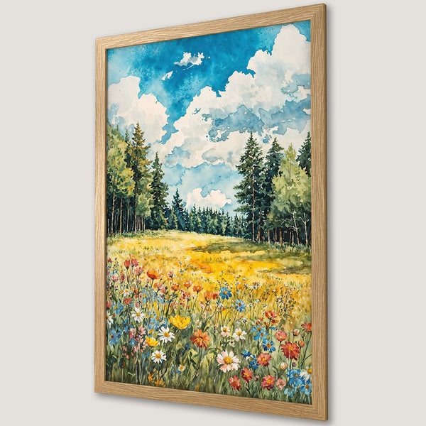 Framed Poster of a watercolor landscape with a field of wildflowers, blue sky, and trees. Vibrant colors.